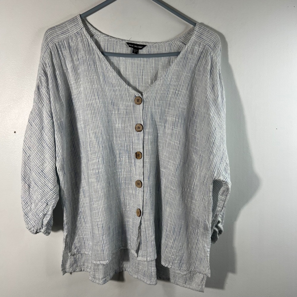 Unique Spectrum Blue White Striped Button Front Blouse 3/4 Puff Sleeve‎ Large